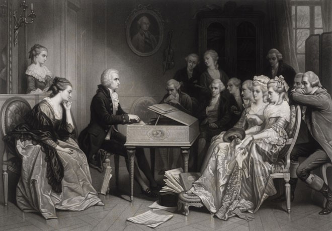 Mozart jouant du piano devant un public