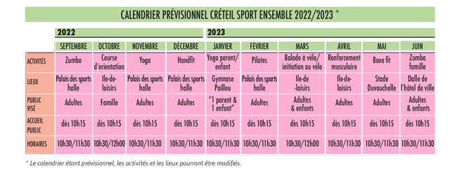 Calendrier prévisionnel Créteil sport ensemble 2022/2022