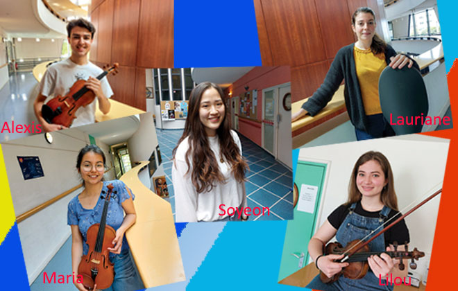 5 élèves du conservatoire avec leur instrument de musique